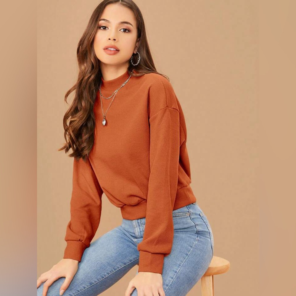 SHEIN Mock Neck Drop Shoulder Pullover Long Sleeve Sweater